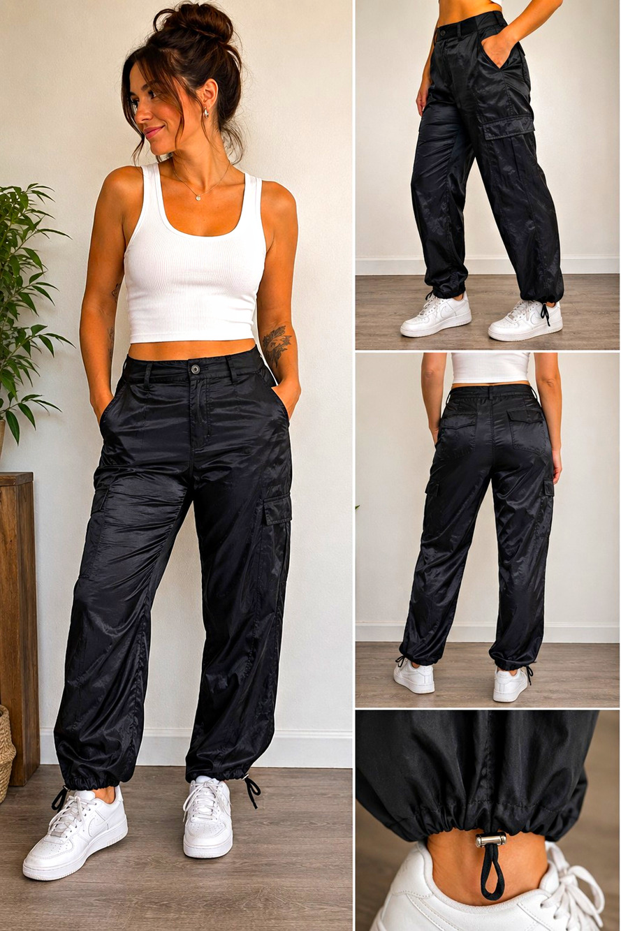 DKNY Women’s Size 8 Black Cargo Pants Satin Shiny Drawstring Hem Utility